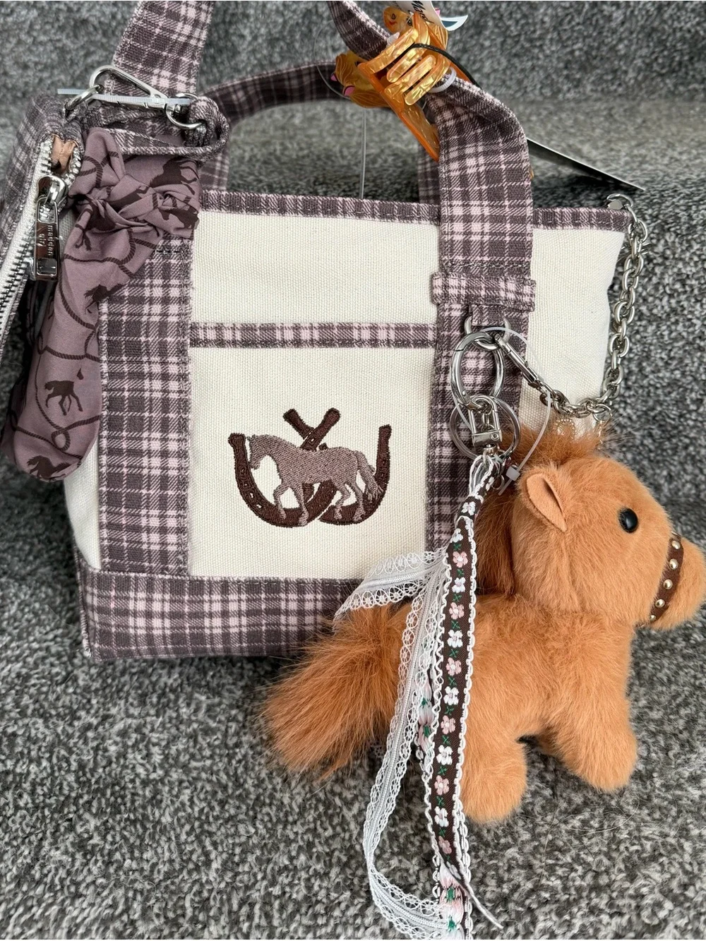 Madden Girl Brown Plaid Tote with Cream Panels & Plush Pony Charm